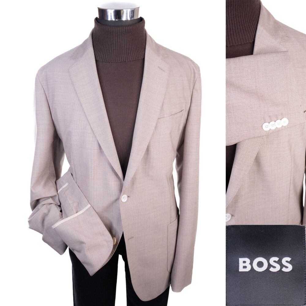 Hugo Boss Mens Sport Coat Blazer 46L Beige Knit Wool 2 Button EUC